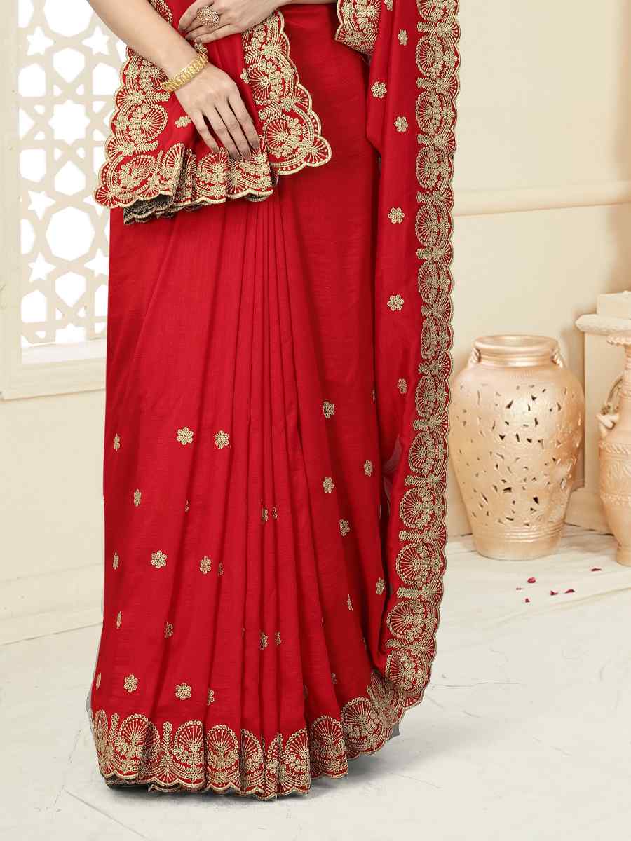 Red Heavy Vichitra Silk Embroidered Wedding Festival Heavy Border Saree