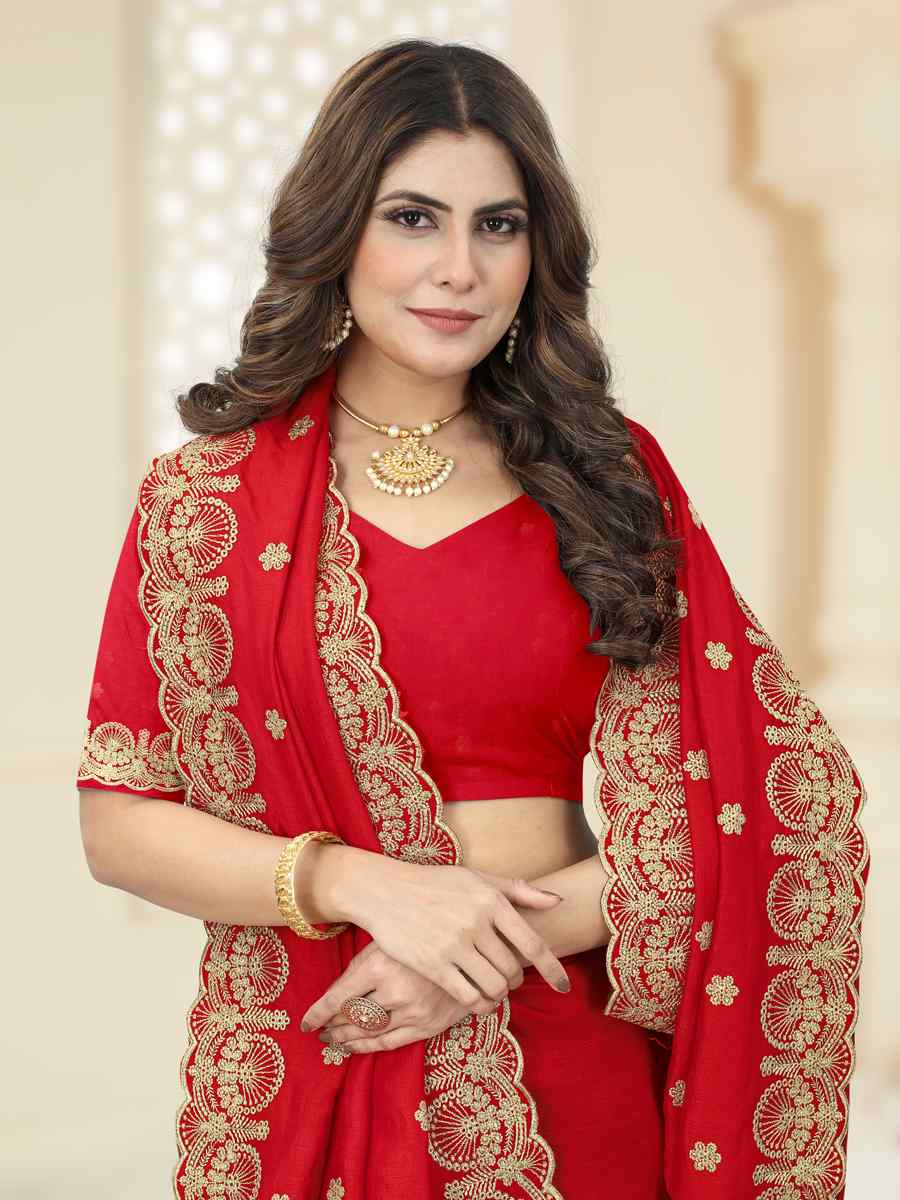 Red Heavy Vichitra Silk Embroidered Wedding Festival Heavy Border Saree