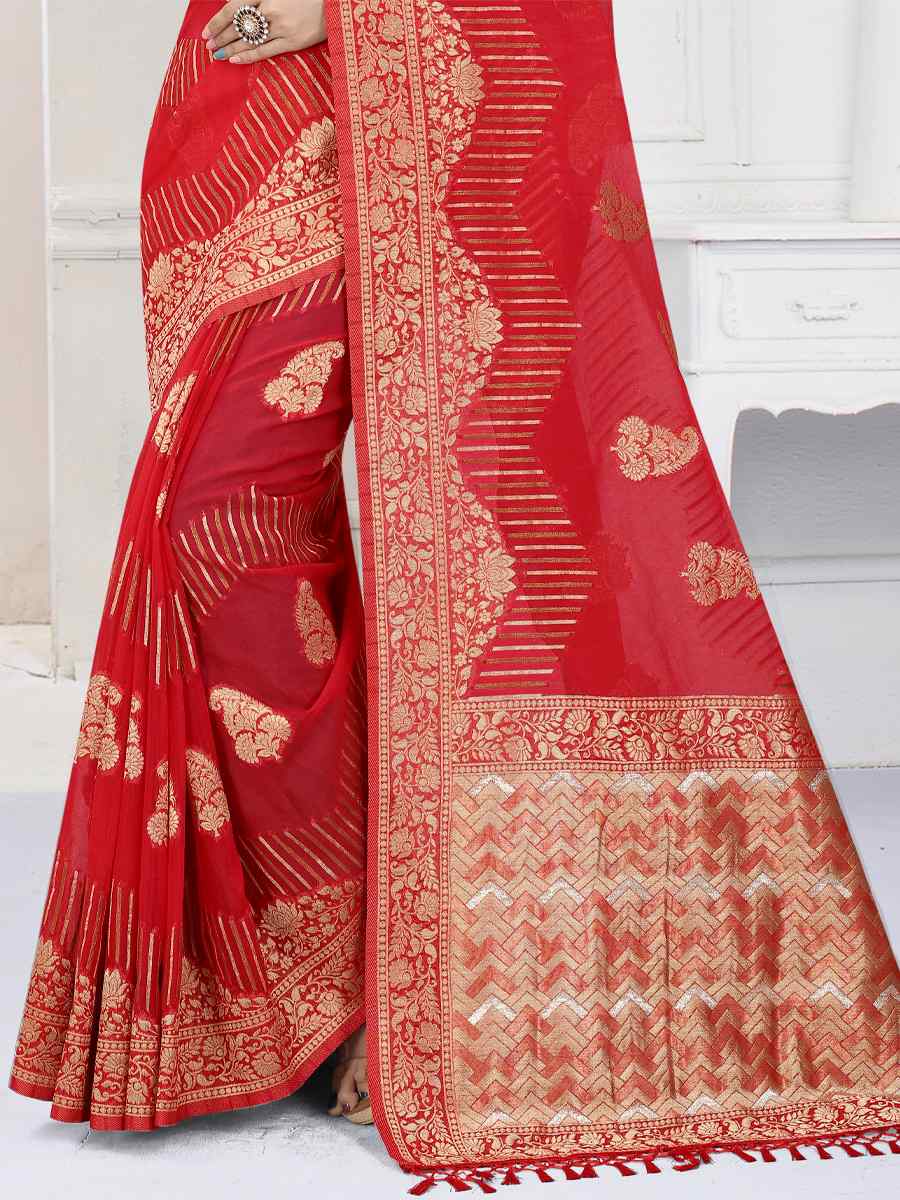 Red Heavy Viscose Organza Handwoven Wedding Festival Heavy Border Saree