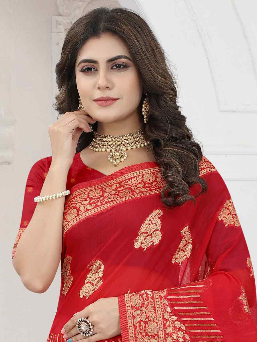 Red Heavy Viscose Organza Handwoven Wedding Festival Heavy Border Saree