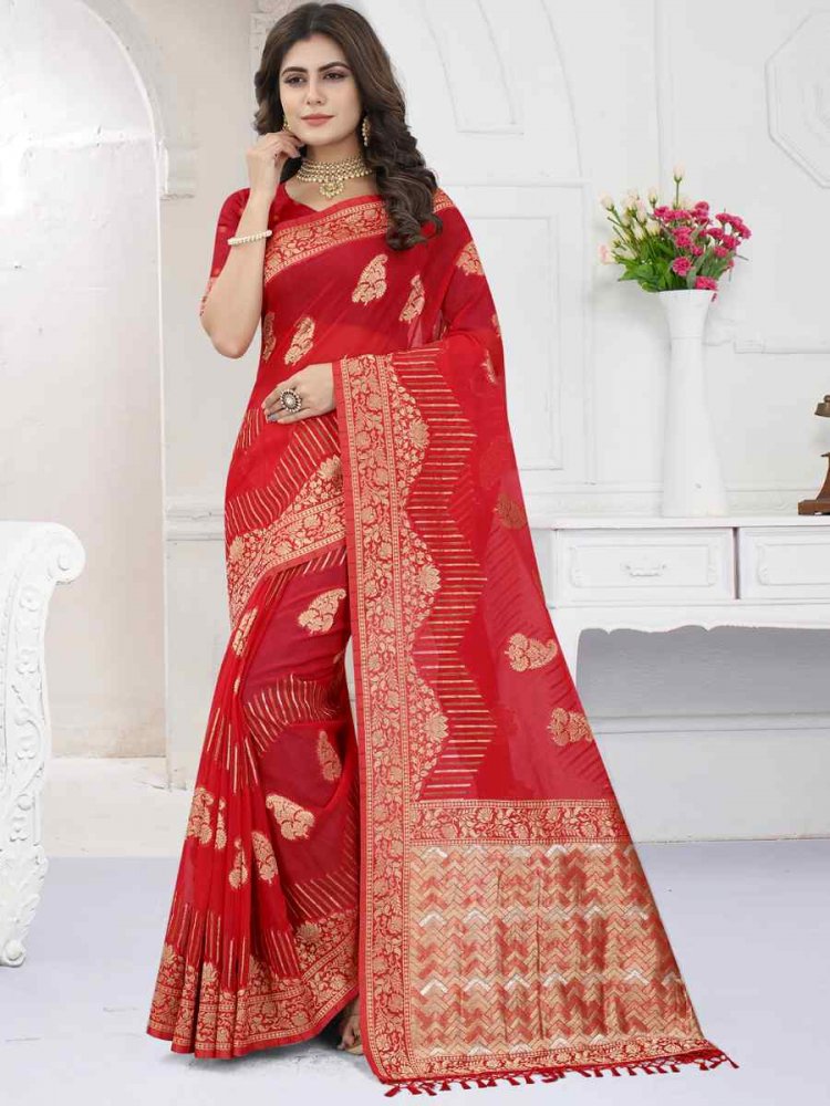 Red Heavy Viscose Organza Handwoven Wedding Festival Heavy Border Saree