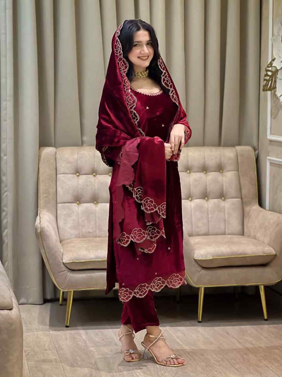 Red Heavy Viscose Velvet Embroidery Party Wedding Festival Casual Ready Pant Salwar Kameez