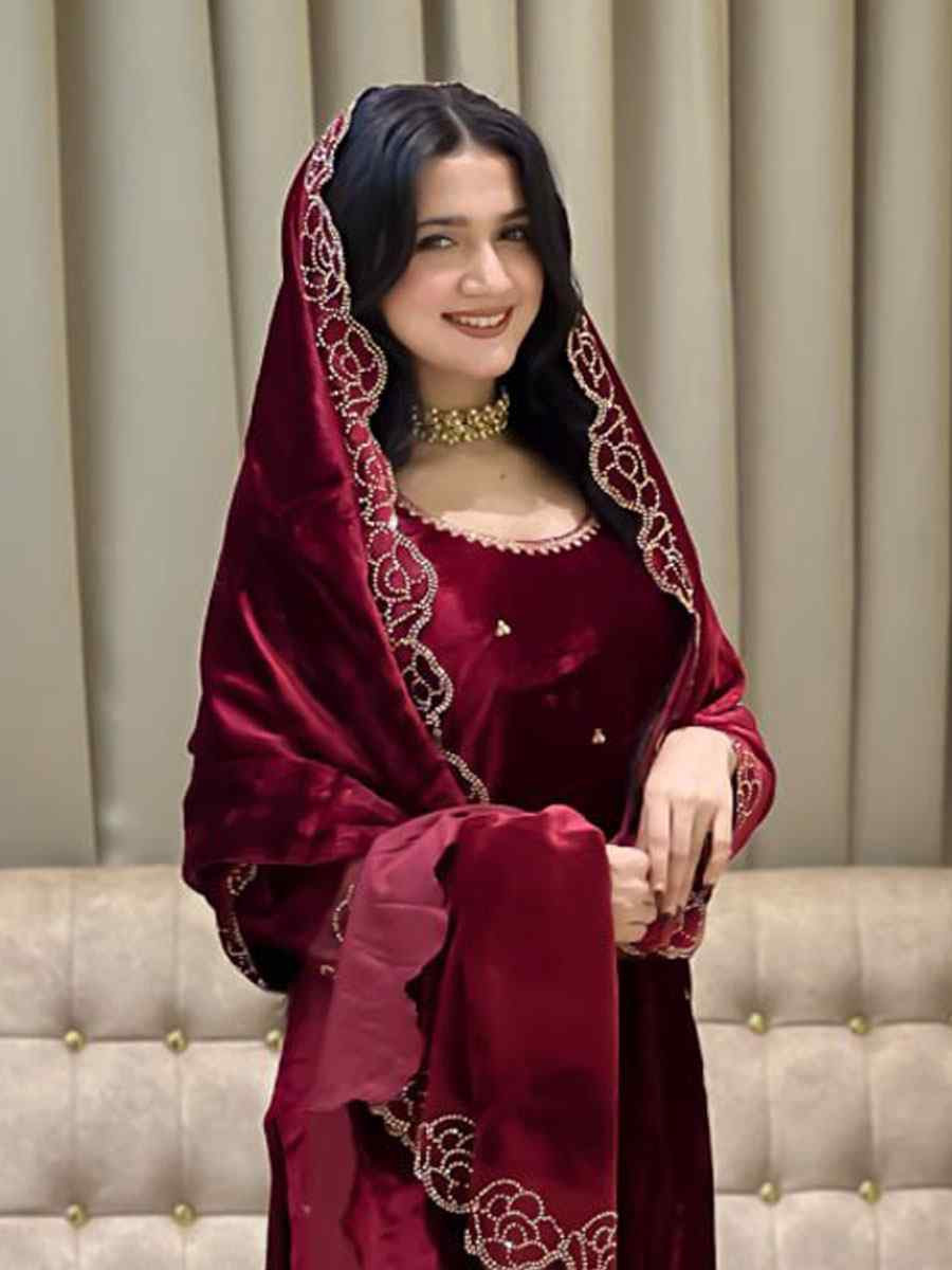 Red Heavy Viscose Velvet Embroidery Party Wedding Festival Casual Ready Pant Salwar Kameez