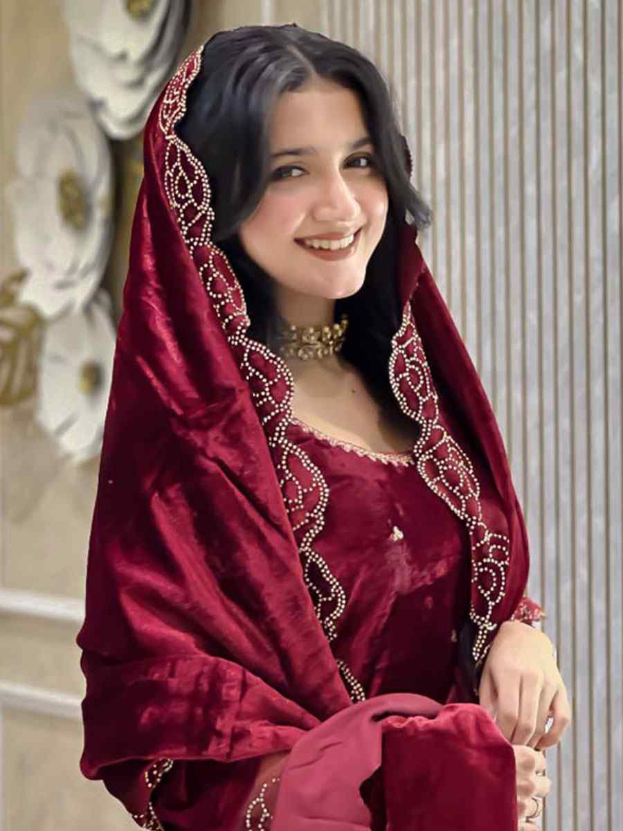 Red Heavy Viscose Velvet Embroidery Party Wedding Festival Casual Ready Pant Salwar Kameez
