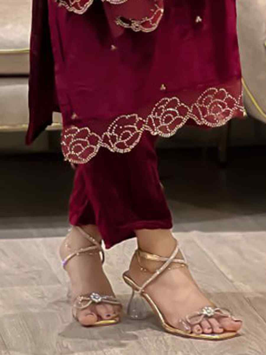 Red Heavy Viscose Velvet Embroidery Party Wedding Festival Casual Ready Pant Salwar Kameez