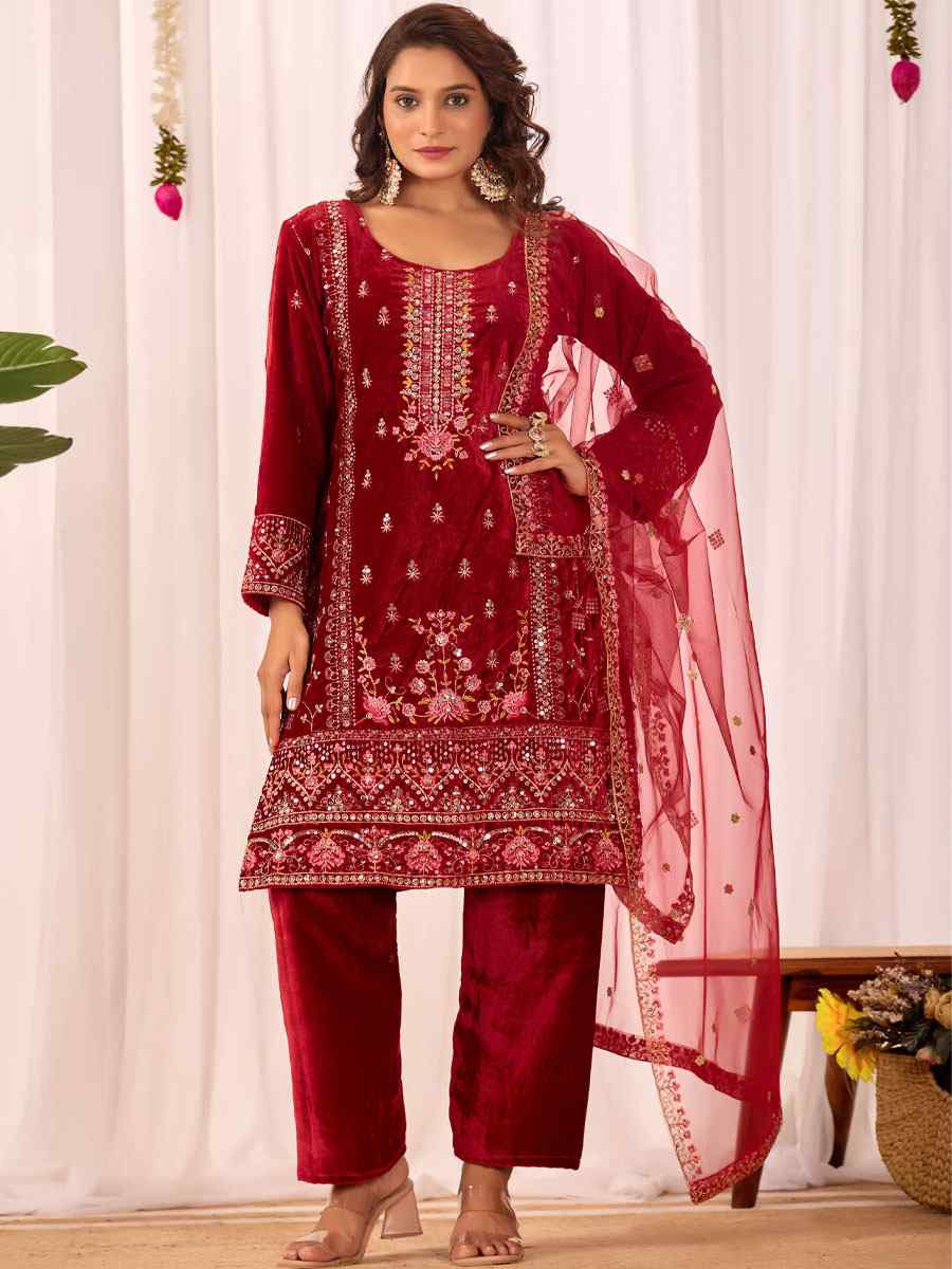 Red Heavy Viscose Velvet Embroidery Party Wedding Festival Casual Ready Pant Salwar Kameez