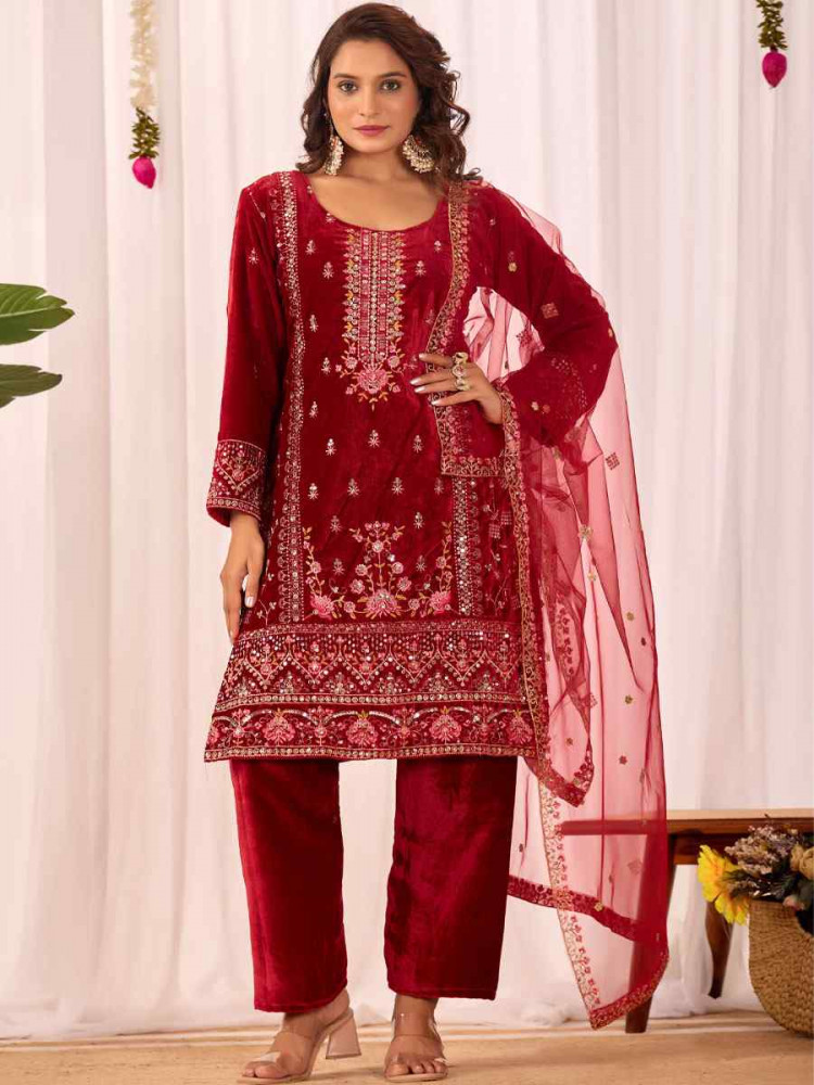 Image of Red Heavy Viscose Velvet Embroidery Party Wedding Festival Casual Ready Pant Salwar Kameez
