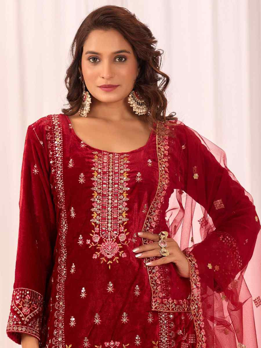 Red Heavy Viscose Velvet Embroidery Party Wedding Festival Casual Ready Pant Salwar Kameez