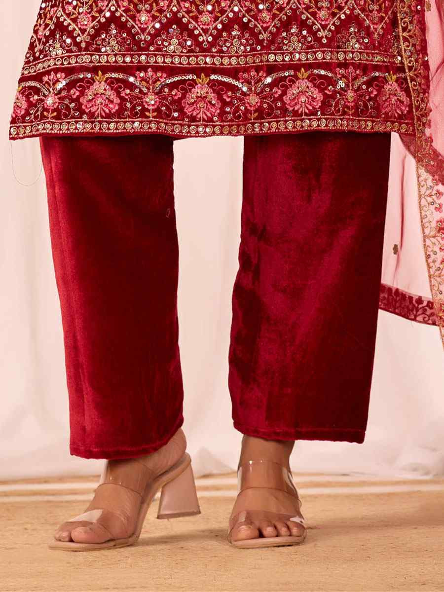 Red Heavy Viscose Velvet Embroidery Party Wedding Festival Casual Ready Pant Salwar Kameez