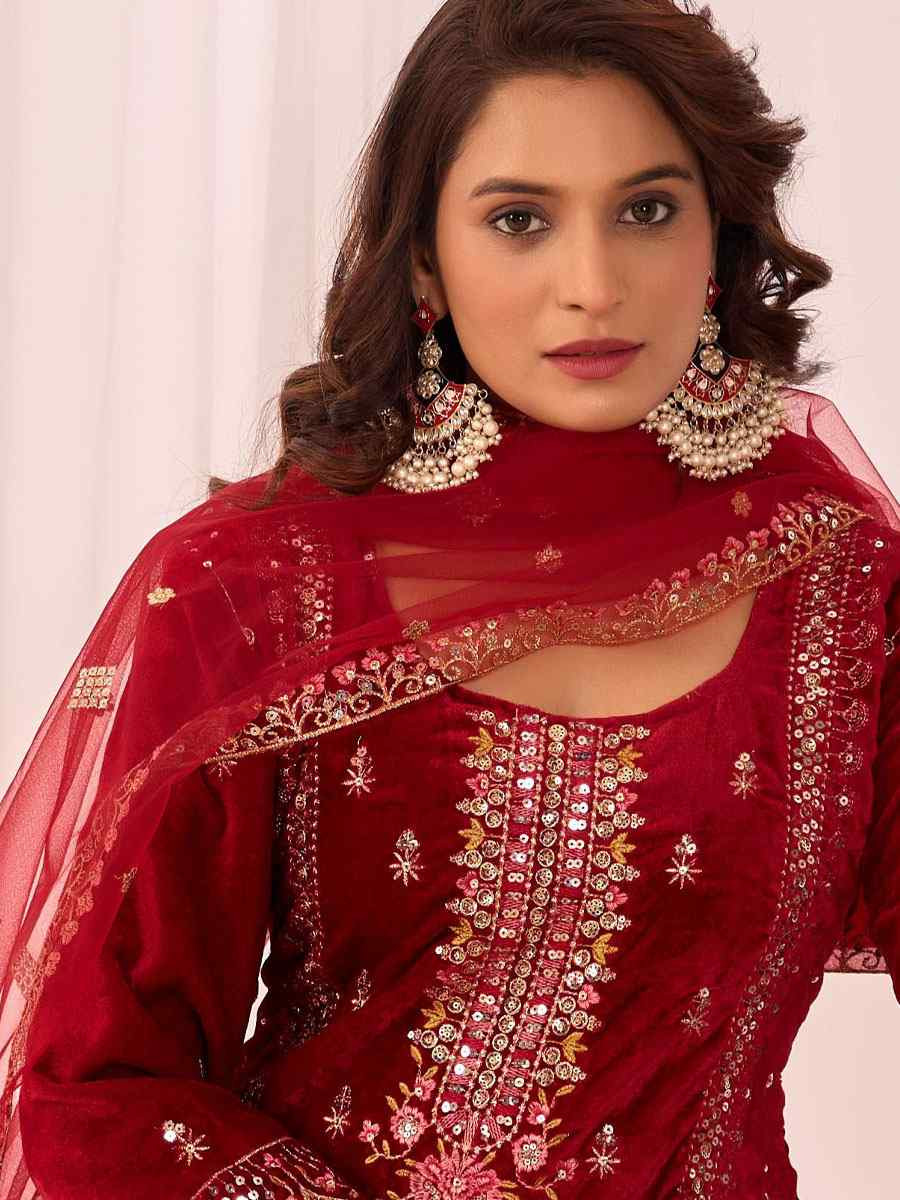 Red Heavy Viscose Velvet Embroidery Party Wedding Festival Casual Ready Pant Salwar Kameez