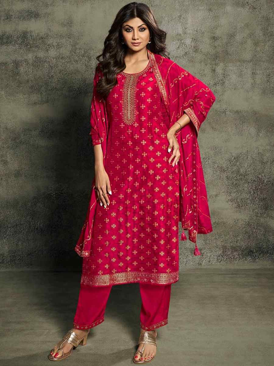 Red Jacquard Embroidered Festival Mehendi Pant Bollywood Style Salwar Kameez