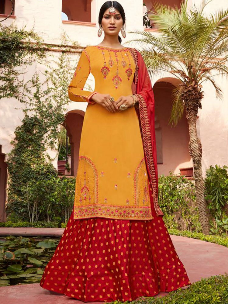 Red Jacquard Embroidered Festival Wedding Kurti Lehenga Choli