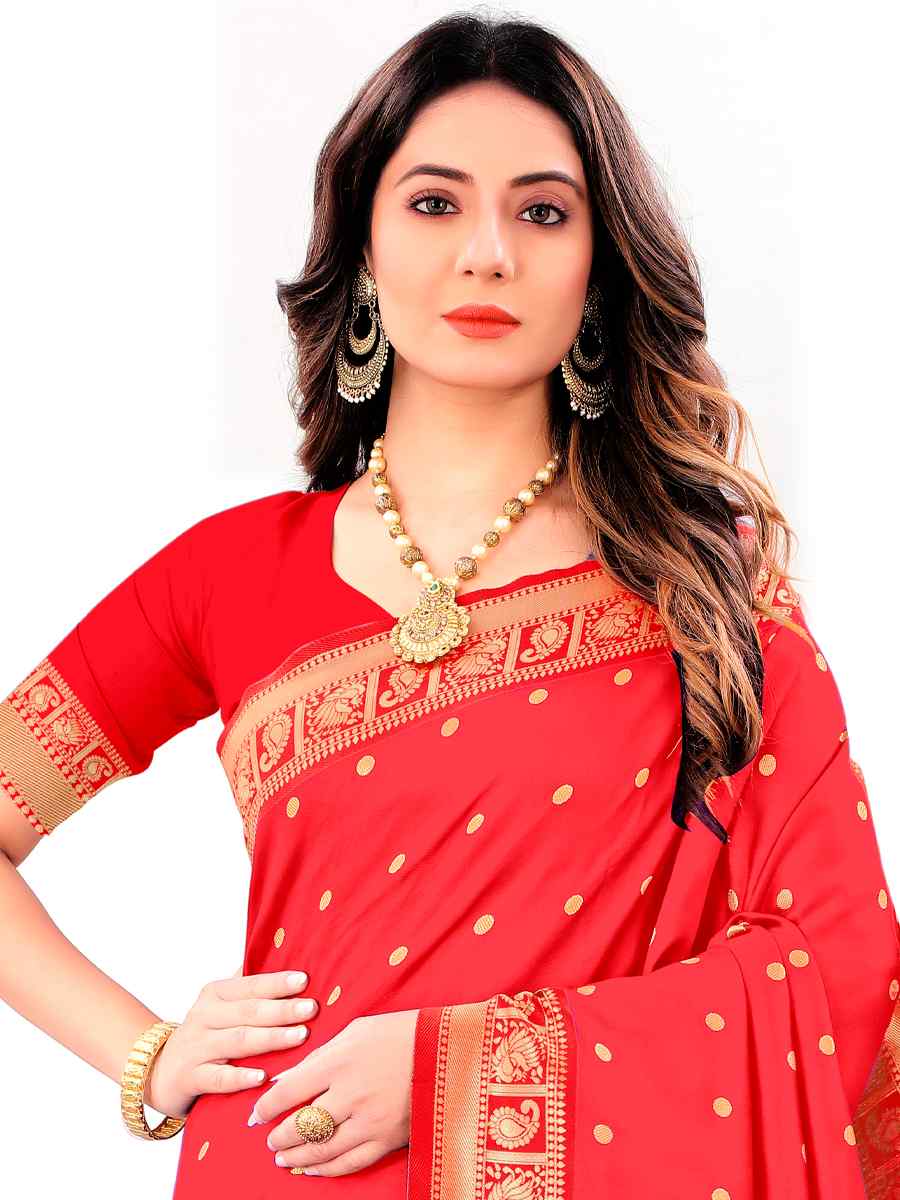 Red Jacquard Handwoven Wedding Festival Heavy Border Saree
