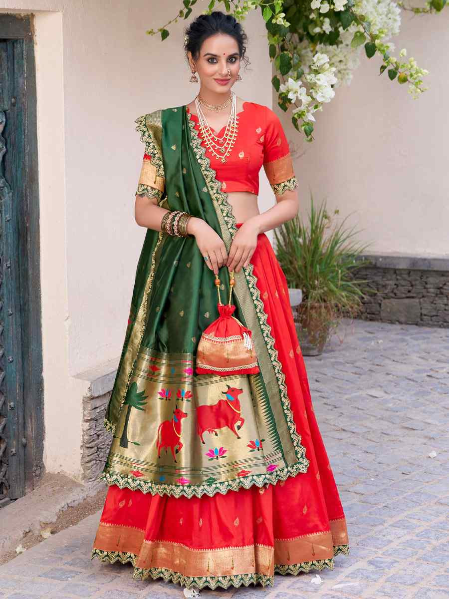 Red Jacquard Silk Printed And Handwoven Party Reception Wedding Lehenga Choli