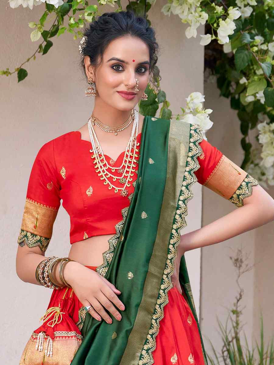 Red Jacquard Silk Printed And Handwoven Party Reception Wedding Lehenga Choli