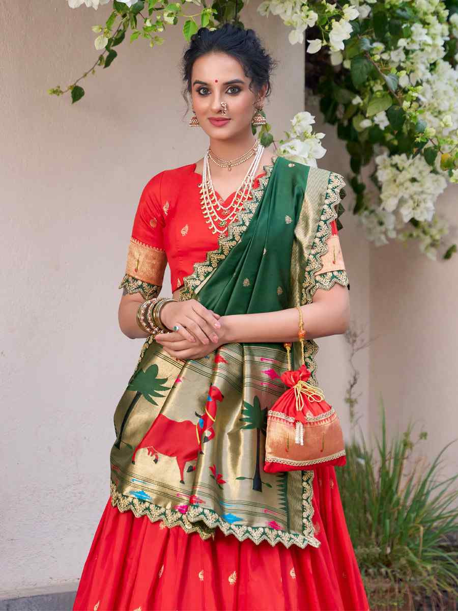 Red Jacquard Silk Printed And Handwoven Party Reception Wedding Lehenga Choli