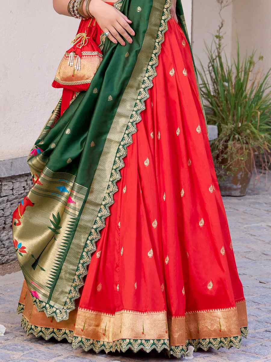 Red Jacquard Silk Printed And Handwoven Party Reception Wedding Lehenga Choli
