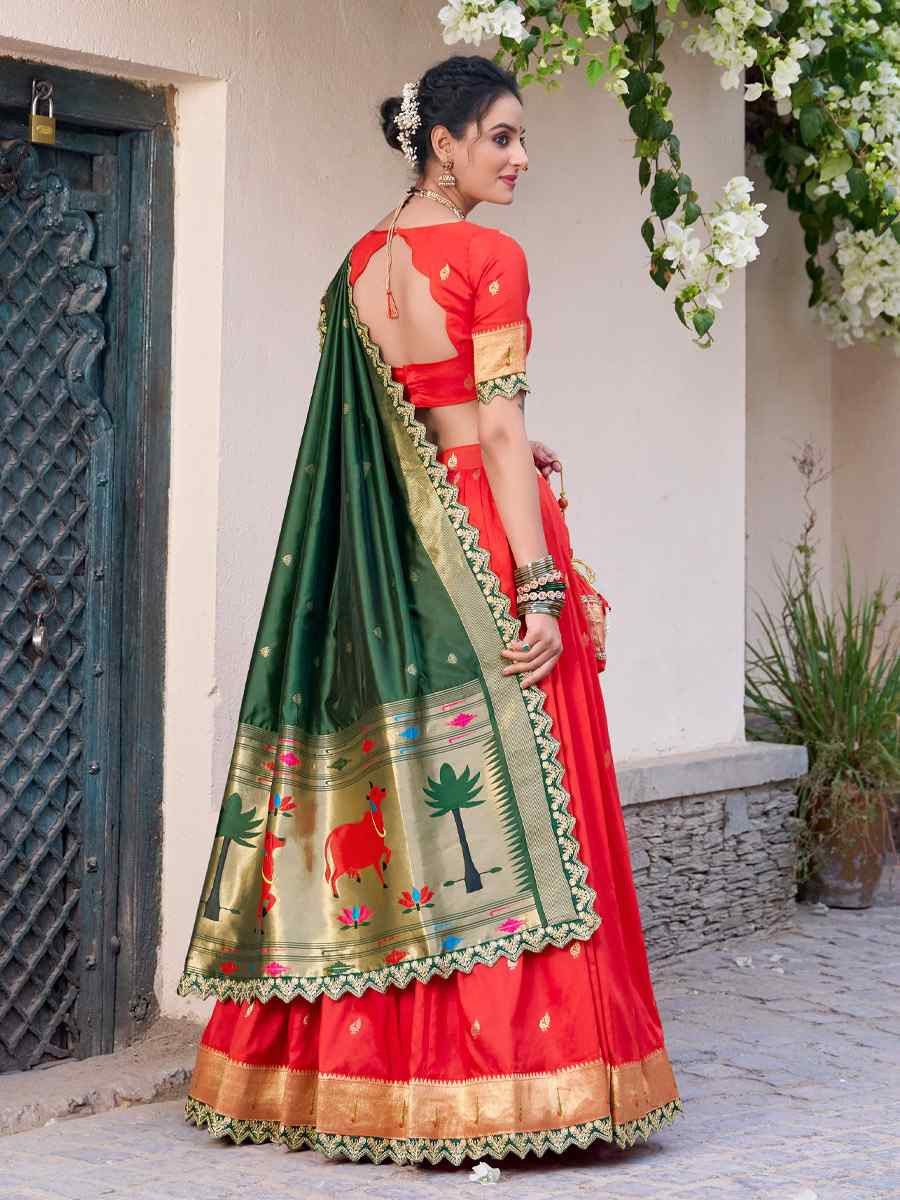 Red Jacquard Silk Printed And Handwoven Party Reception Wedding Lehenga Choli