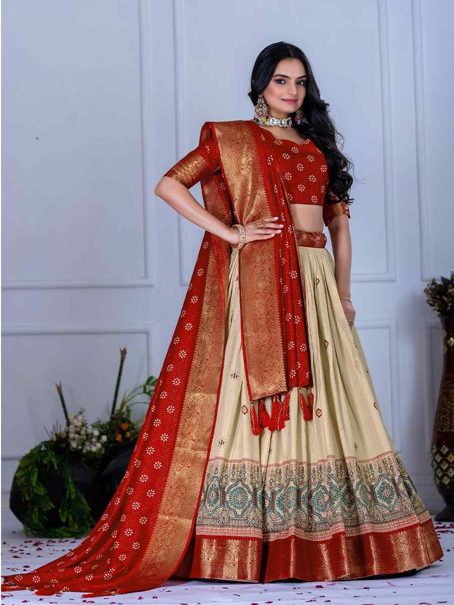 Red Jacquard Silk Printed Bridesmaid Wedding Heavy Border Lehenga Choli