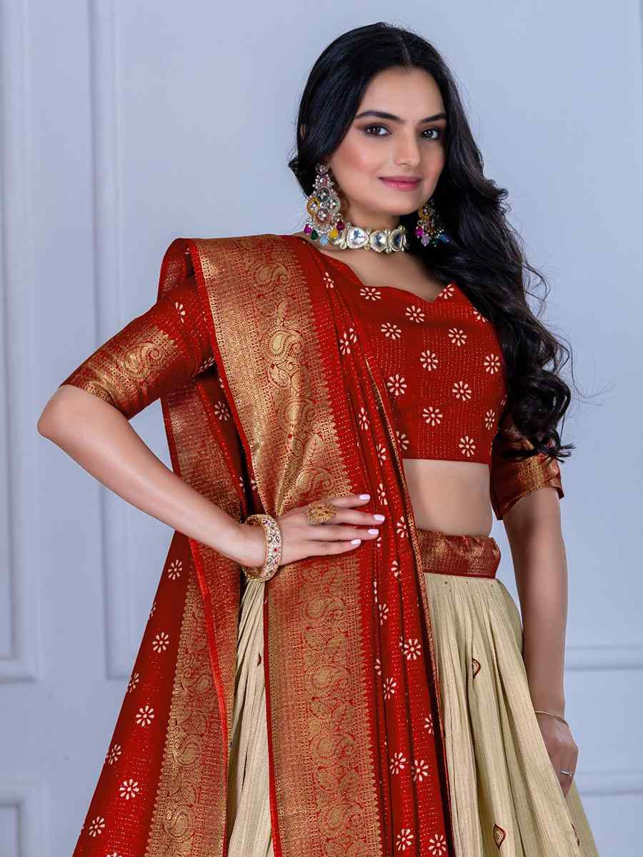 Red Jacquard Silk Printed Bridesmaid Wedding Heavy Border Lehenga Choli