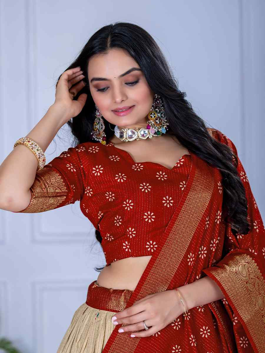 Red Jacquard Silk Printed Bridesmaid Wedding Heavy Border Lehenga Choli