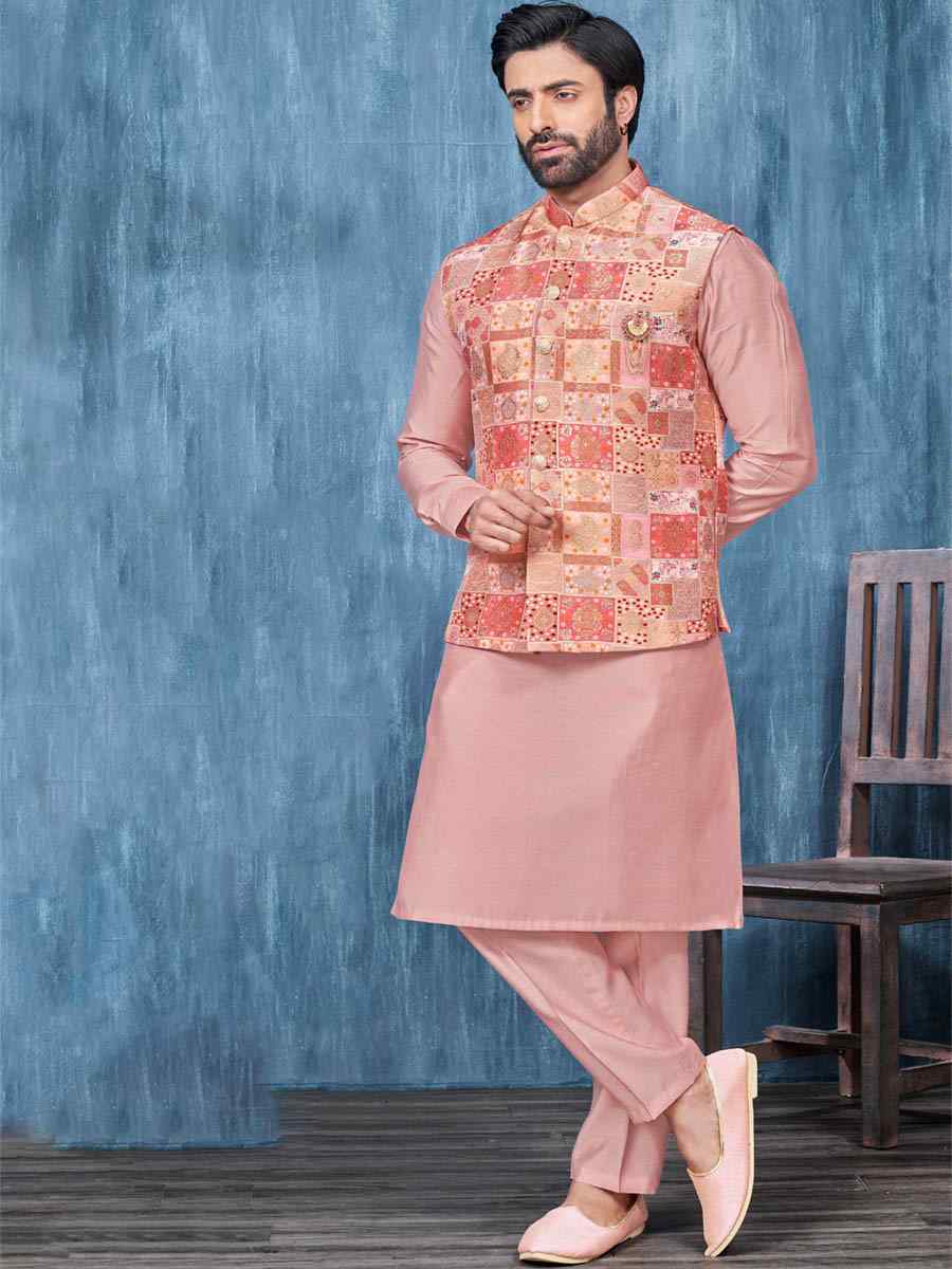 Red Jacquard Woven Festival Wedding Kurta