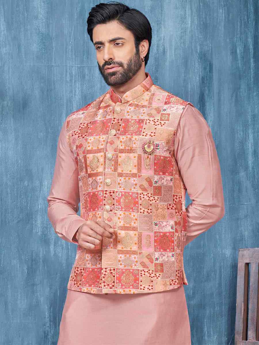 Red Jacquard Woven Festival Wedding Kurta