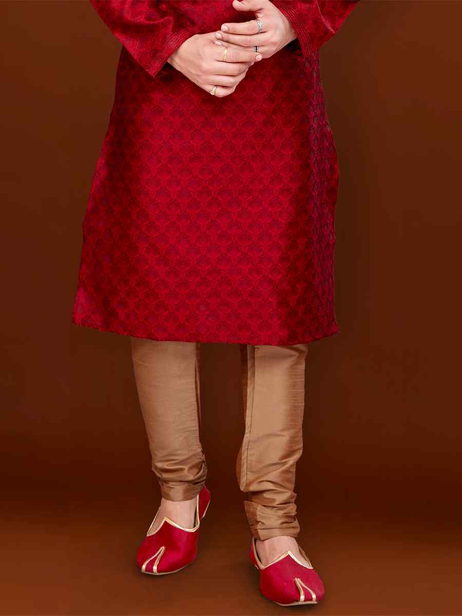 Red Jacquard Woven Wedding Festival Kurta
