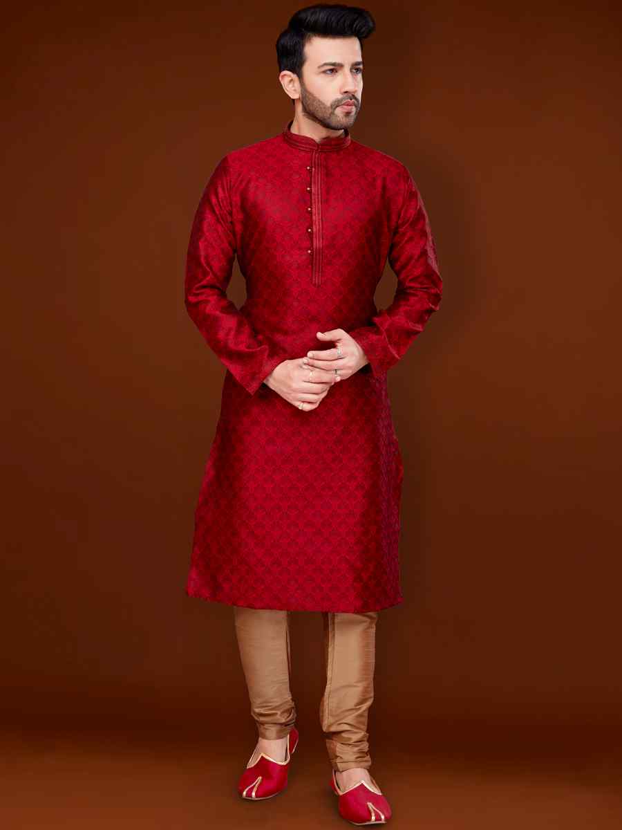 Red Jacquard Woven Wedding Festival Kurta