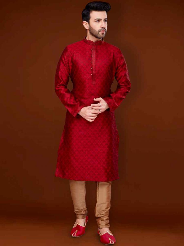 Red Jacquard Woven Wedding Festival Kurta