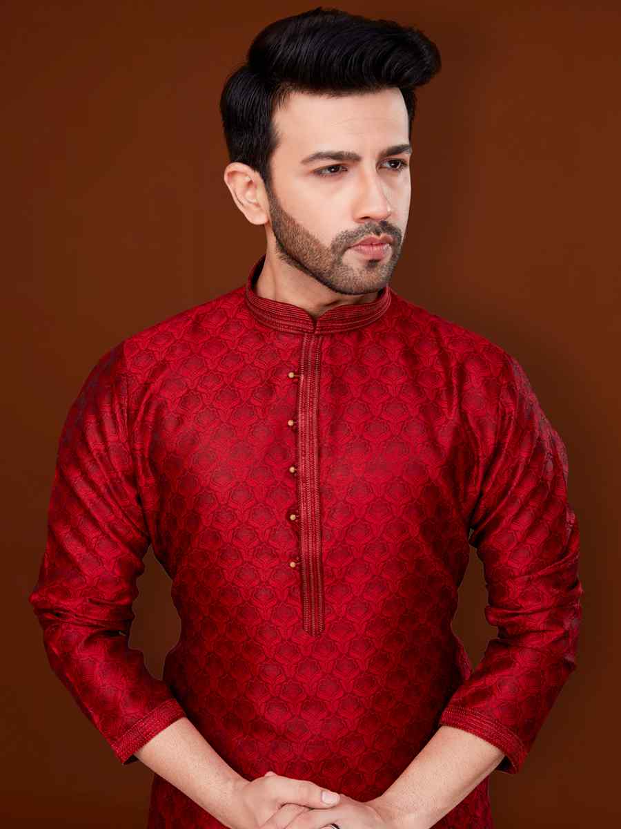 Red Jacquard Woven Wedding Festival Kurta