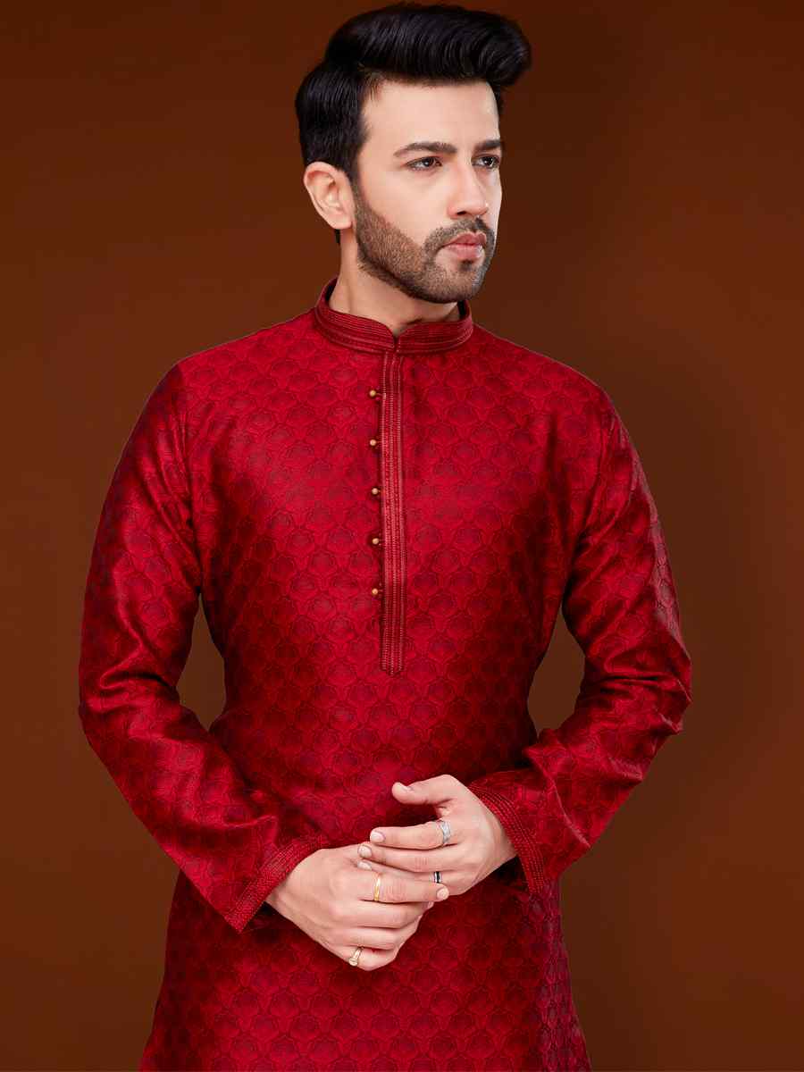 Red Jacquard Woven Wedding Festival Kurta