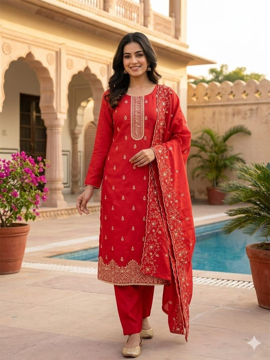 Red Jalpari Silk Embroidery Wedding Party Festival Casual Pant Salwar Kameez