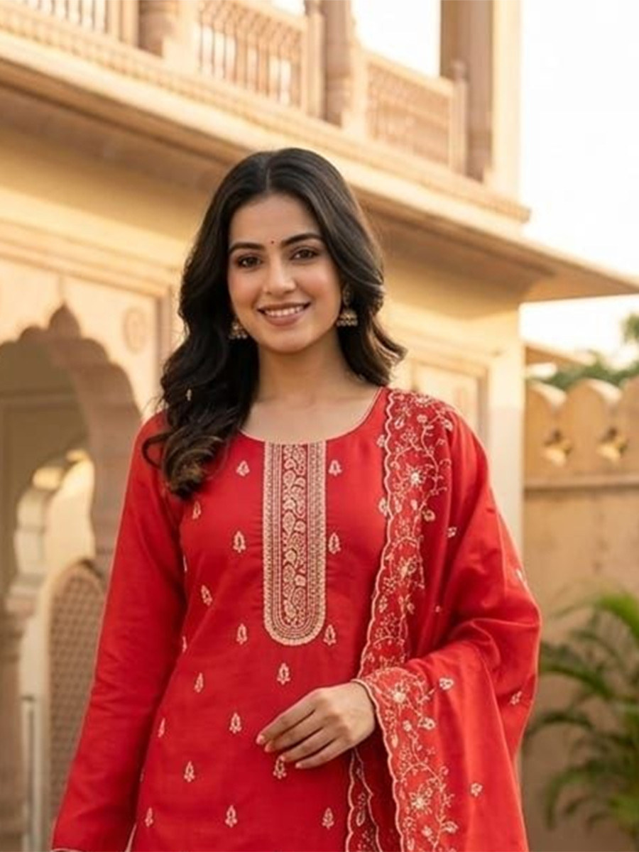Red Jalpari Silk Embroidery Wedding Party Festival Casual Pant Salwar Kameez