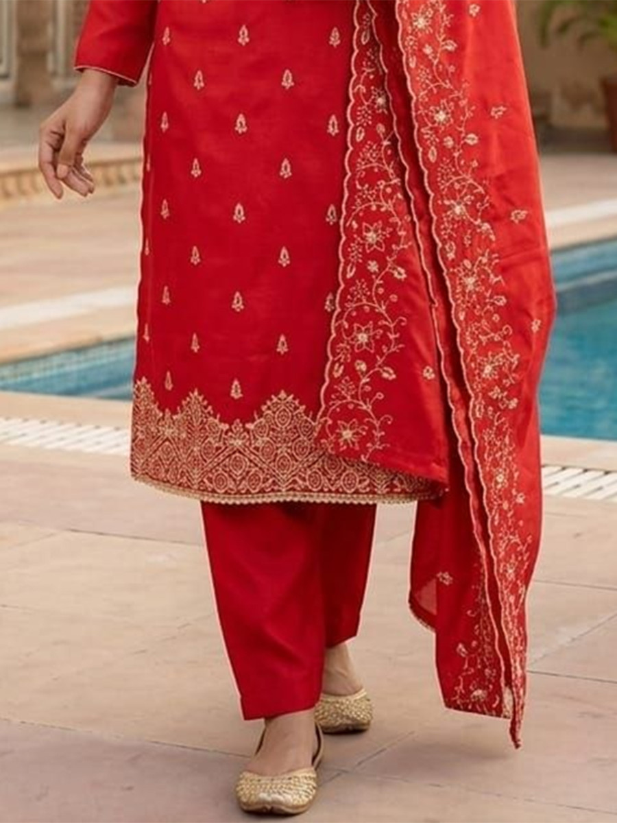 Red Jalpari Silk Embroidery Wedding Party Festival Casual Pant Salwar Kameez