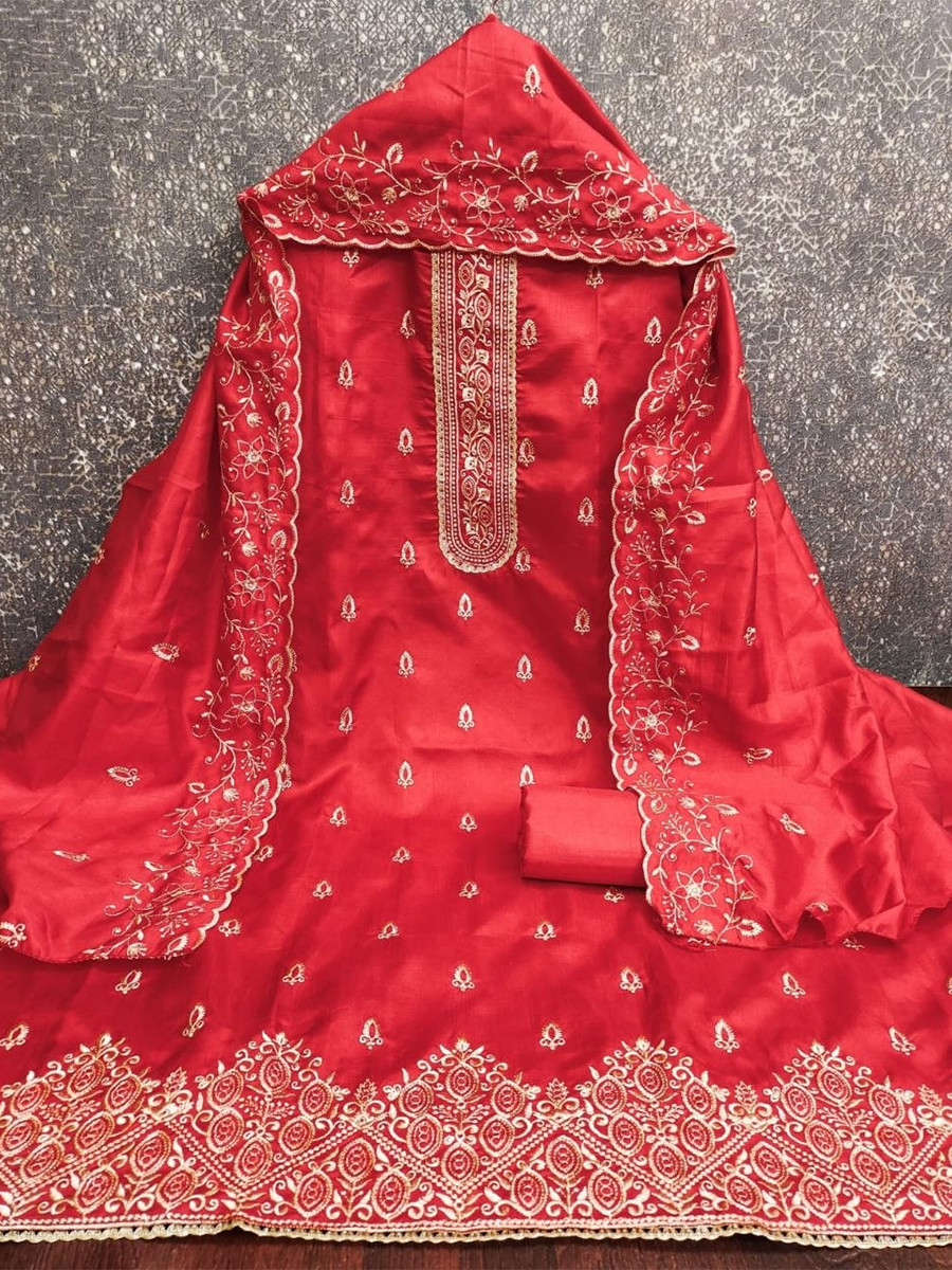 Red Jalpari Silk Embroidery Wedding Party Festival Casual Pant Salwar Kameez