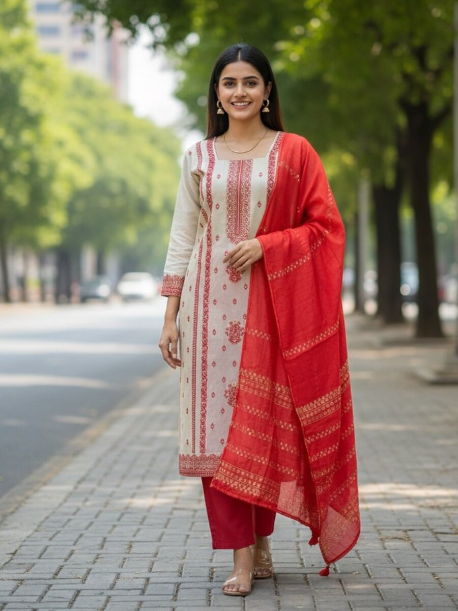 Red Jequard Silk Printed Floral Party Casual Ready Pant Salwar Kameez