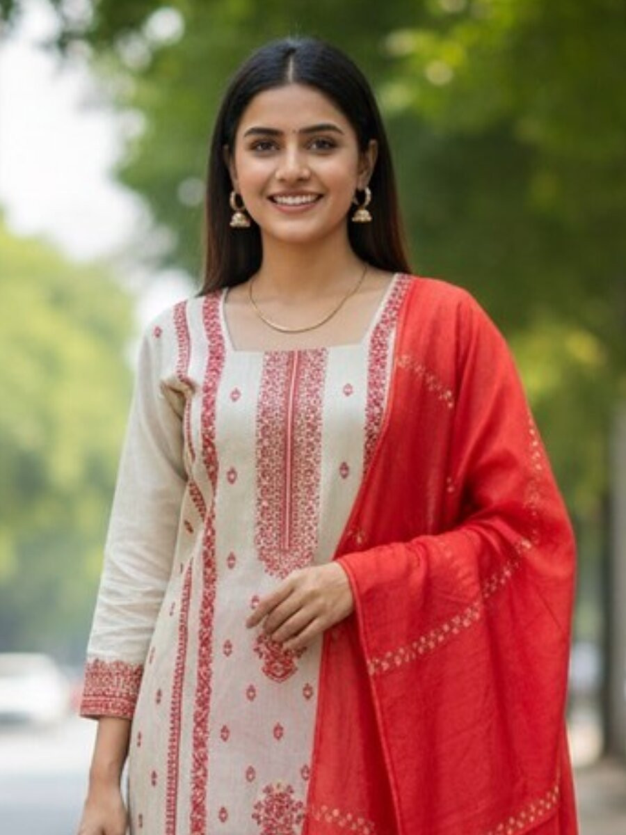 Red Jequard Silk Printed Floral Party Casual Ready Pant Salwar Kameez