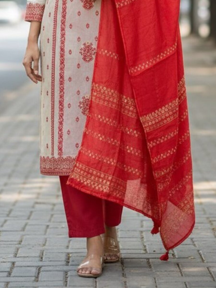 Red Jequard Silk Printed Floral Party Casual Ready Pant Salwar Kameez