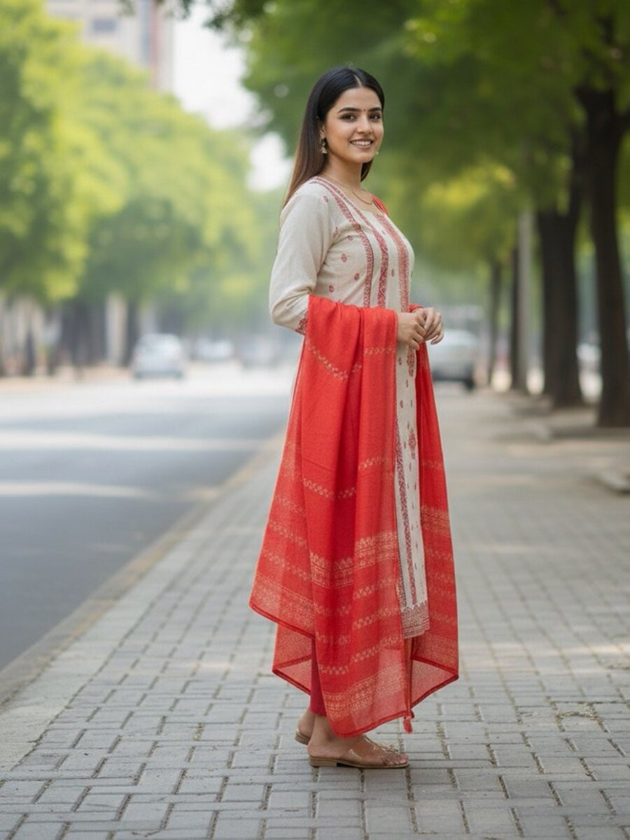 Red Jequard Silk Printed Floral Party Casual Ready Pant Salwar Kameez