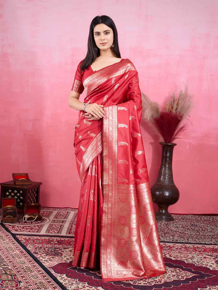 Image of Red Kanjivaram Silk Handwoven Festival Wedding Fancy Heavy Border Saree