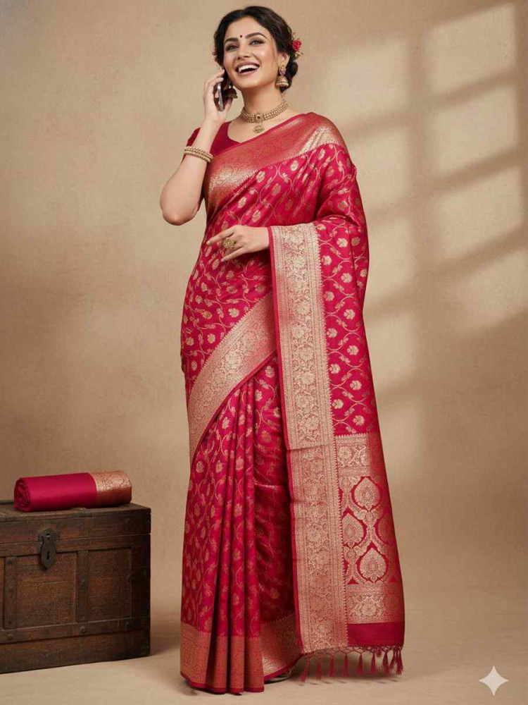 Image of Red Kanjivaram silk Handwoven Zari Bridal Reception Festival Wedding Fancy Heavy Border Saree