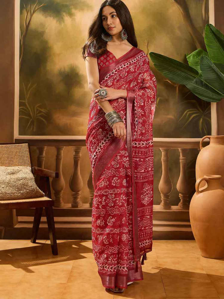 Image of Red Linen Cotton Blend Handwoven Printed Casual Reception Festival Wedding Fancy Heavy Border Saree