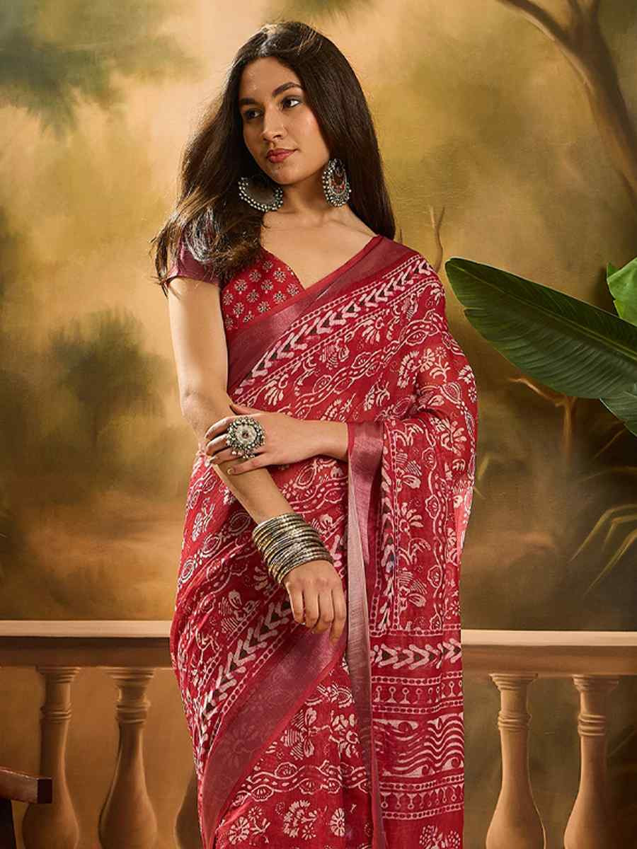Red Linen Cotton Blend Handwoven Printed Casual Reception Festival Wedding Fancy Heavy Border Saree