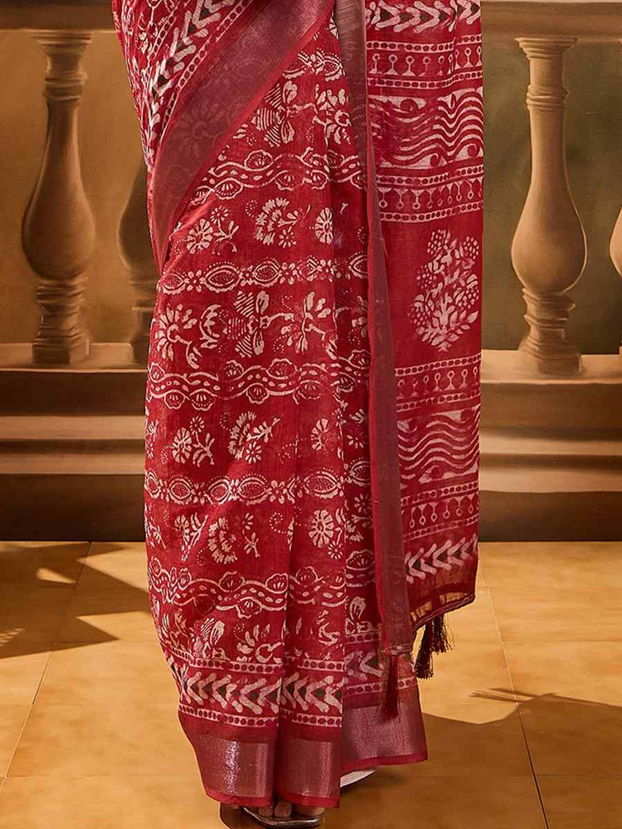 Red Linen Cotton Blend Handwoven Printed Casual Reception Festival Wedding Fancy Heavy Border Saree