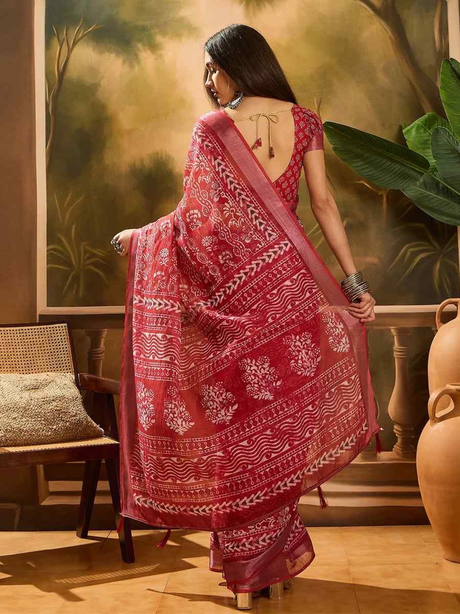 Red Linen Cotton Blend Handwoven Printed Casual Reception Festival Wedding Fancy Heavy Border Saree