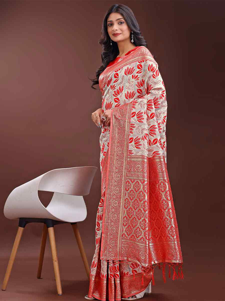 Red Linen Cotton Handwoven Festival Wedding Fancy Heavy Border Saree