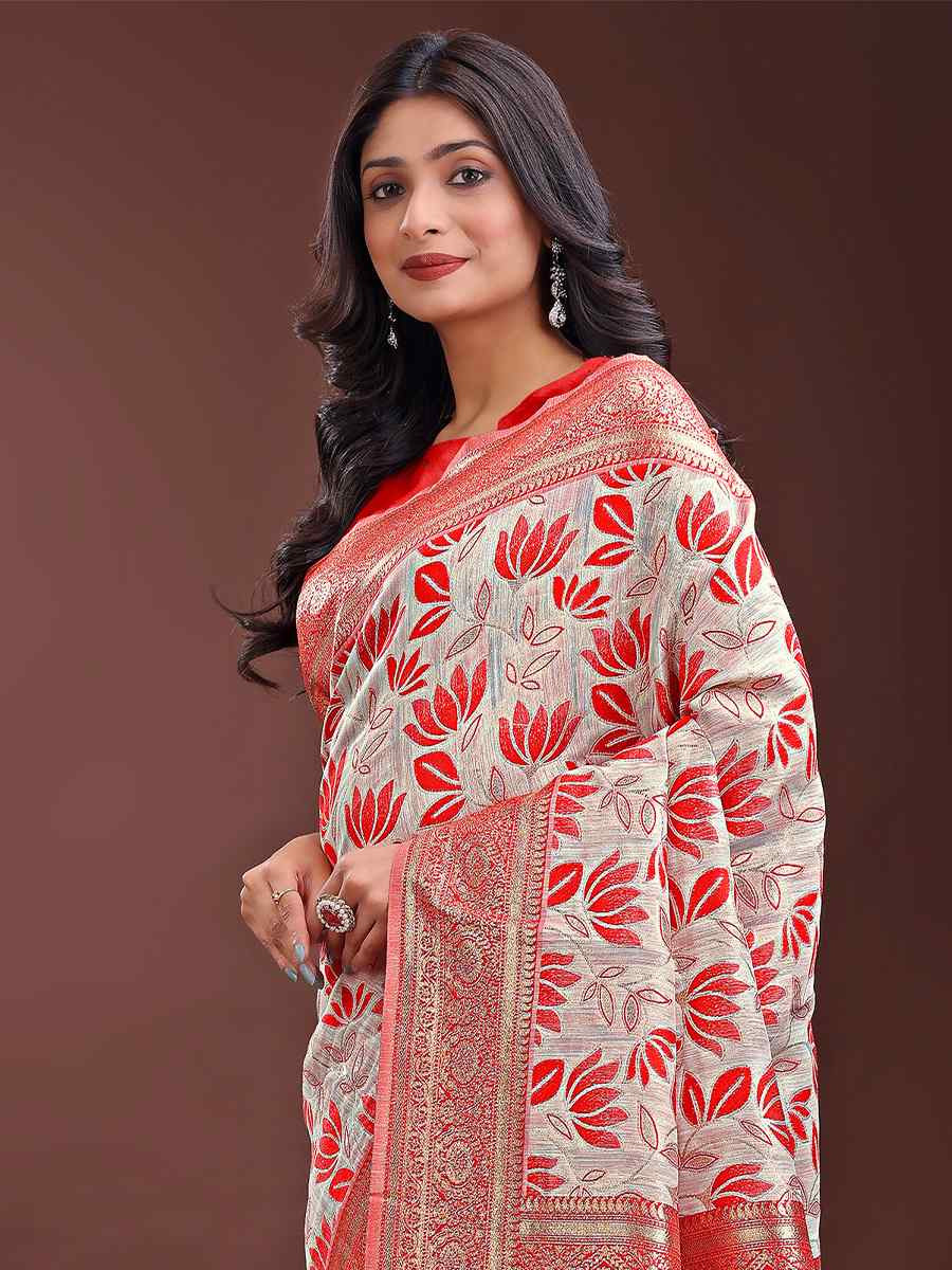 Red Linen Cotton Handwoven Festival Wedding Fancy Heavy Border Saree