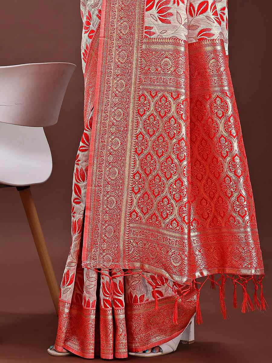 Red Linen Cotton Handwoven Festival Wedding Fancy Heavy Border Saree