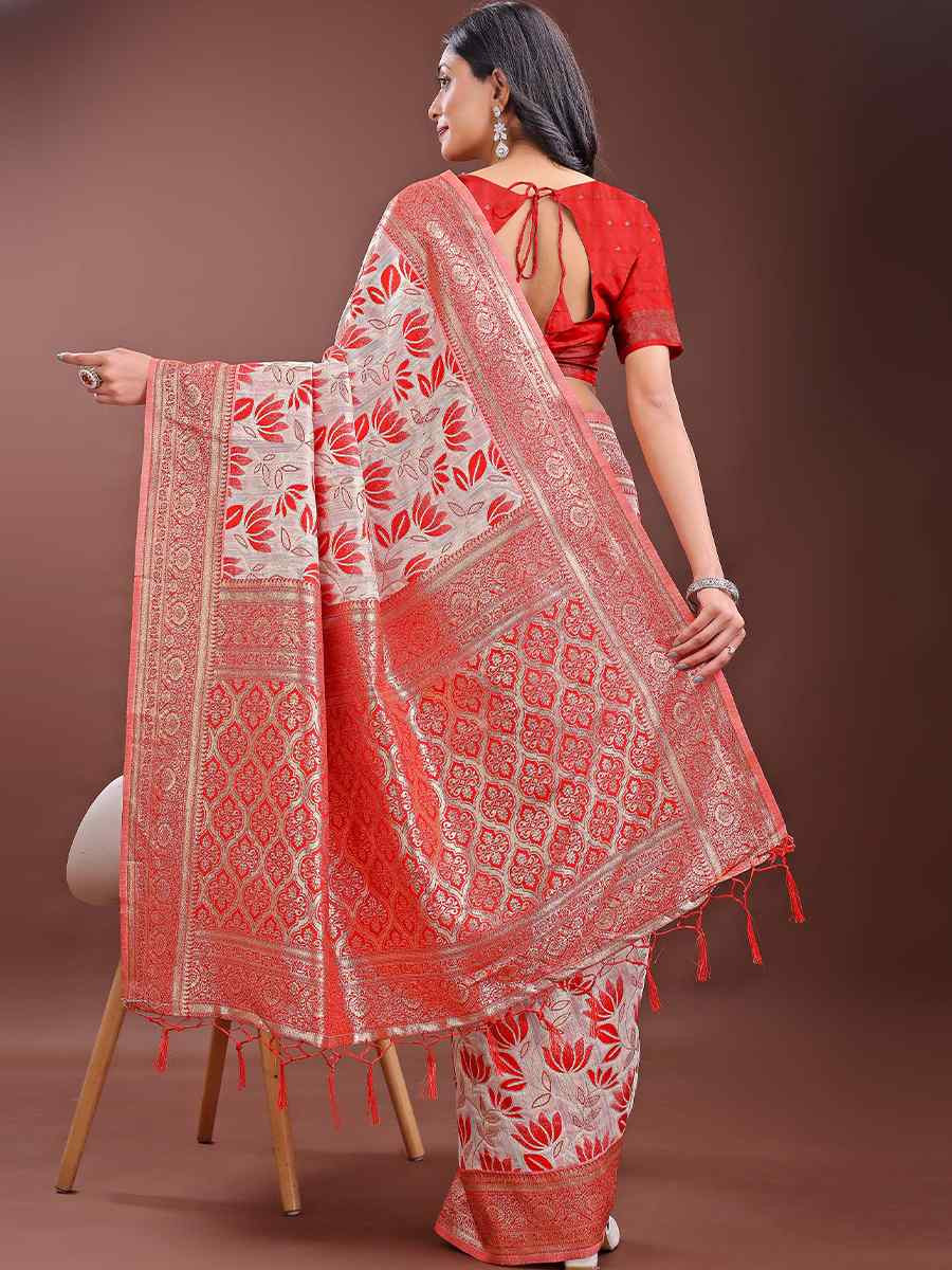 Red Linen Cotton Handwoven Festival Wedding Fancy Heavy Border Saree